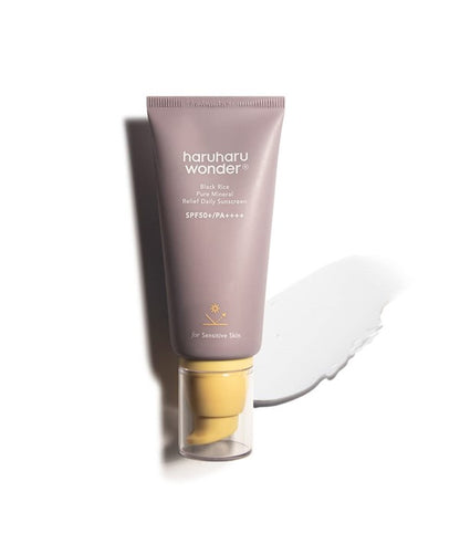 Haruharu Wonder Black Rice Pure Mineral Relief Daily Sunscreen SPF50+ in 50ml, featuring black rice extract for skin relief and sun protection.