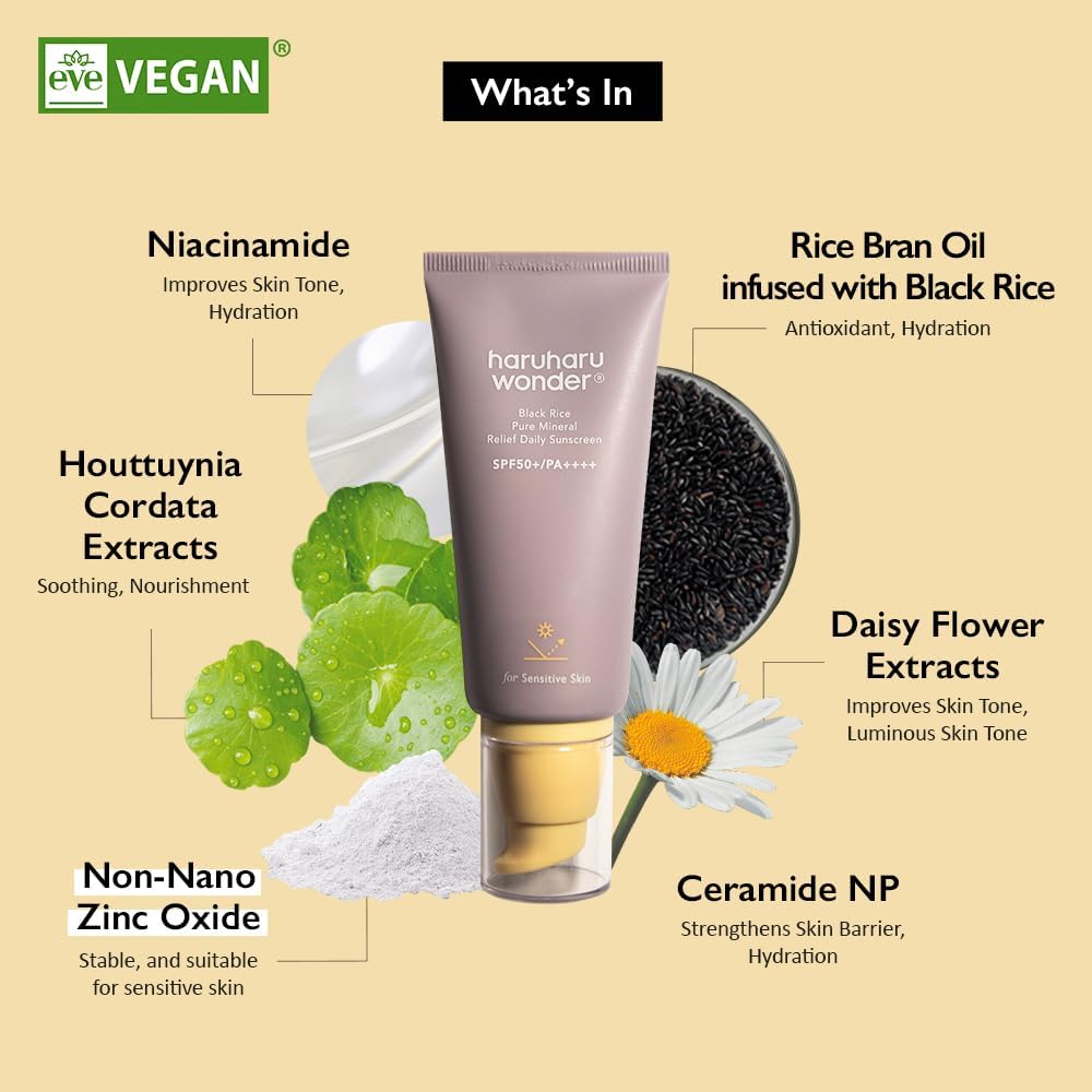 Haruharu Wonder Black Rice Pure Mineral Relief Daily Sunscreen SPF50+ in 50ml tube, featuring black rice extract and mineral formula.