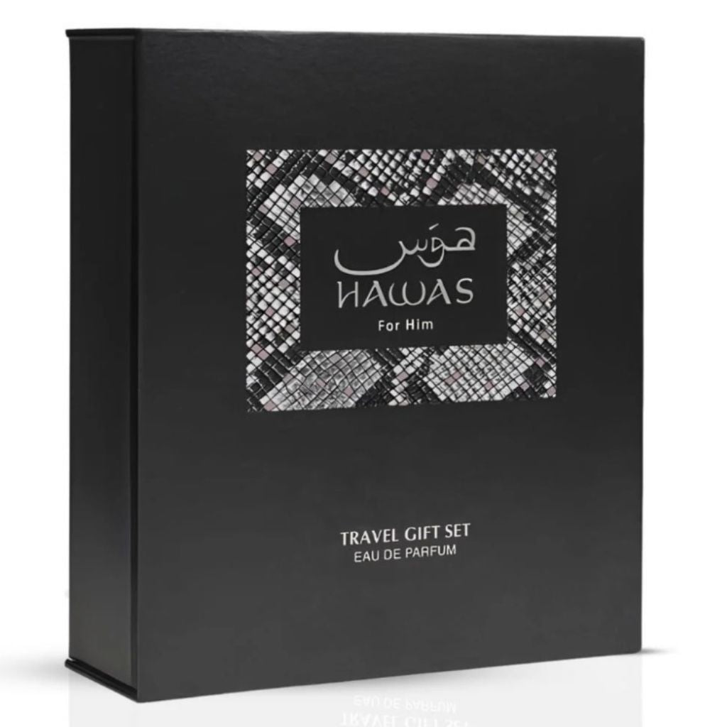 Rasasi Hawas Eau De Parfum travel gift set for him with fragrance bottles and packaging