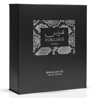 Rasasi Hawas Eau De Parfum travel gift set for him with fragrance bottles and packaging