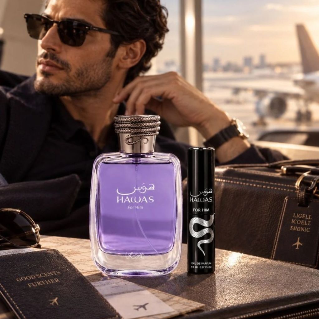 Rasasi Hawas Eau De Parfum travel gift set for him with fragrance bottles and travel-size accessories