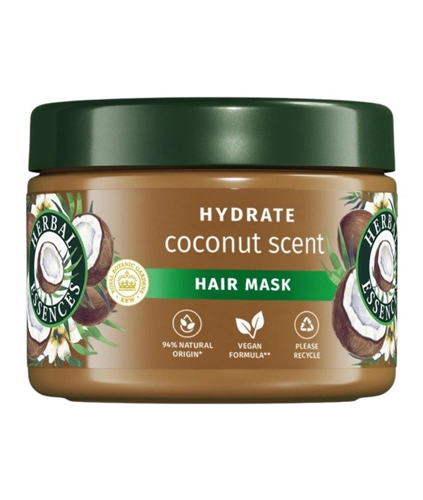 Herbal Essences Coconut Scent Hydrate Hair Mask in a jar, creamy hair treatment for moisture and shine, with coconut fragrance.