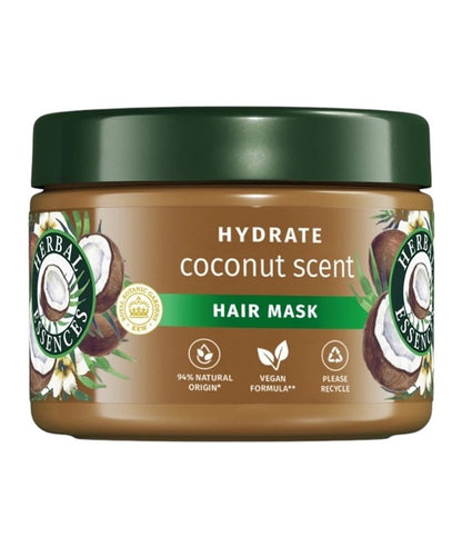 Herbal Essences Coconut Scent Hydrate Hair Mask in a jar, creamy hair treatment for moisture and shine, with coconut fragrance.