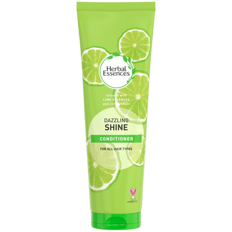 Herbal Essences Dazzling Shine Conditioner bottle with label, showcasing the product for shiny, healthy hair.