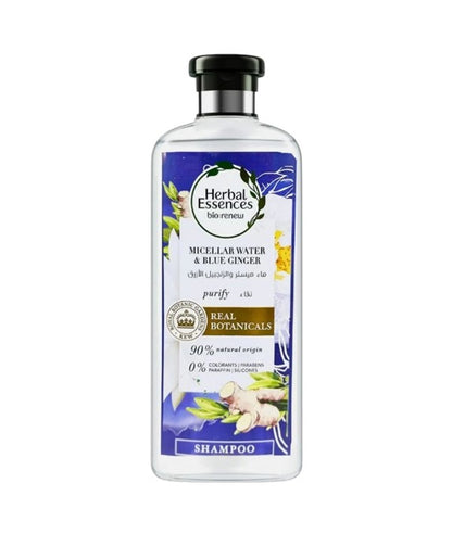 Herbal Essences shampoo bottle with blue ginger scent and micellar water for cleansing and refreshing hair.