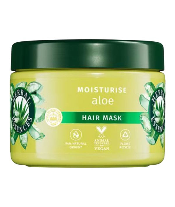 Herbal Essences Moisture Aloe Hair Mask in a jar, nourishing hair treatment with aloe vera for hydration and shine.