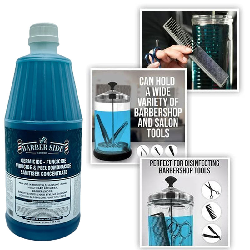 Ican London Barber Side Germicide Turquoise Solution for hand care, bottled liquid in a clear container with a turquoise label.