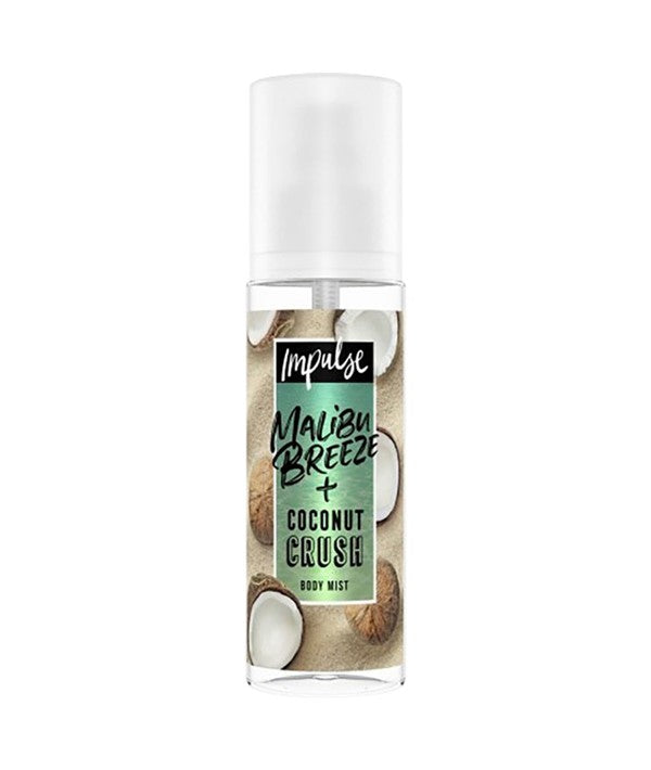 Impulse Malibu Breeze and Coconut Crush Body Mist bottle with tropical scent, featuring a sleek design and vibrant label.