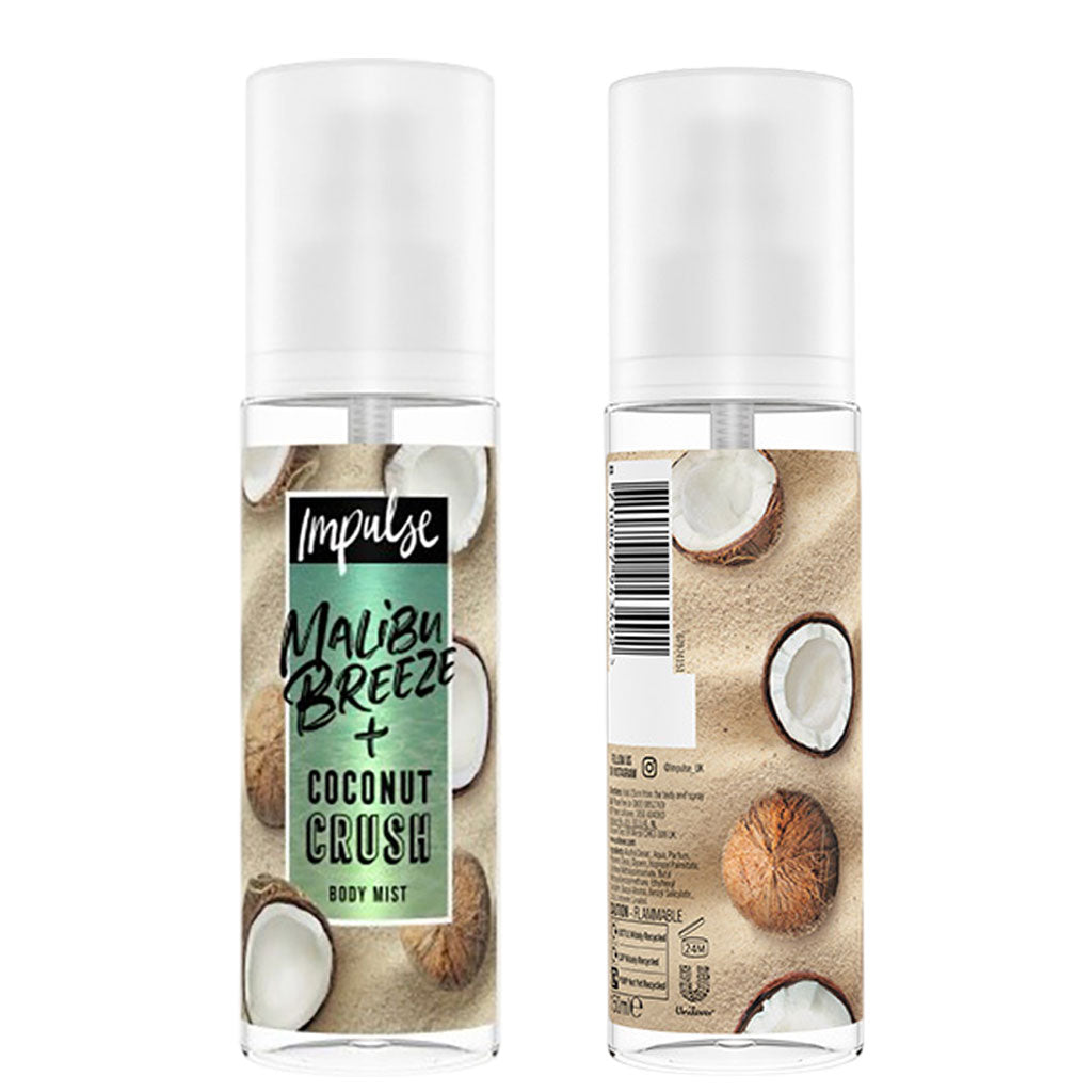 Impulse Malibu Breeze and Coconut Crush body mist bottle with tropical-themed label, showcasing the body care product.
