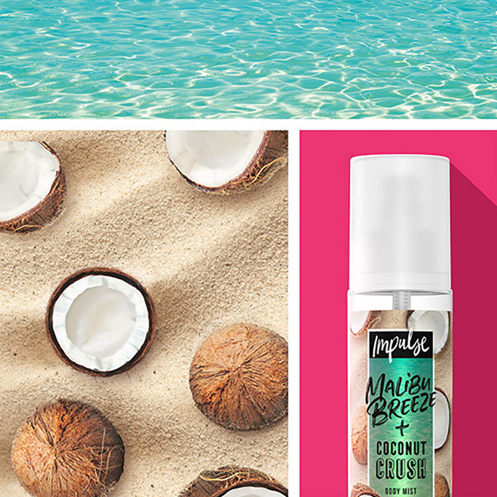 Impulse Malibu Breeze and Coconut Crush body mist bottle with floral and tropical design for refreshing body care.