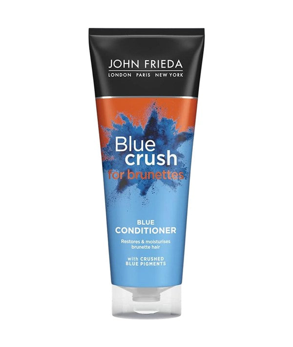 John Frieda Blue Crush for Brunettes conditioner bottle with blue label and pump, designed to enhance brunette hair with blue toning.