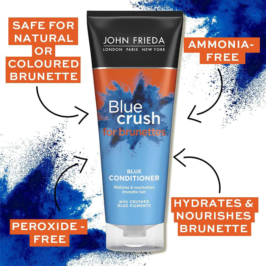 John Frieda Blue Crush conditioner for brunettes with vibrant blue formula, shown in a sleek bottle.