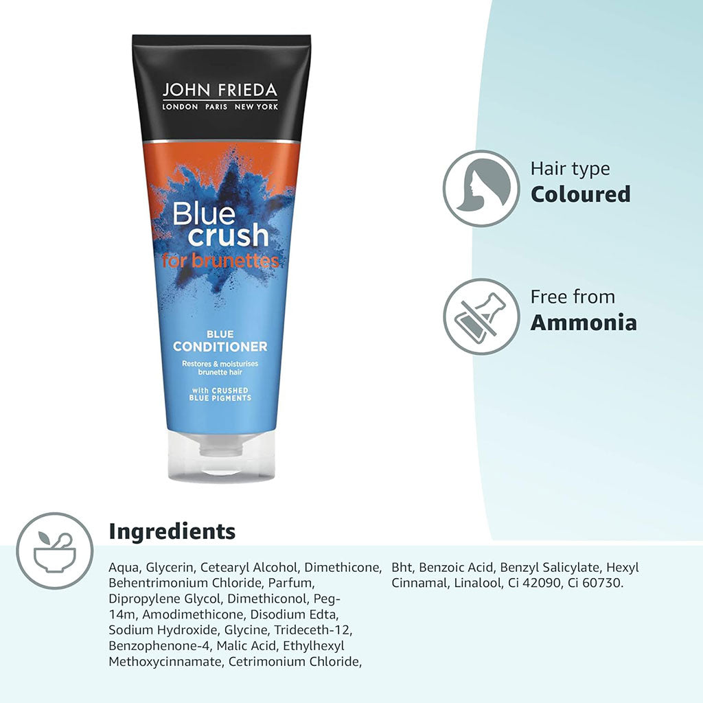 John Frieda Blue Crush for Brunettes blue conditioner bottle with label, designed to enhance brunette hair with blue color.