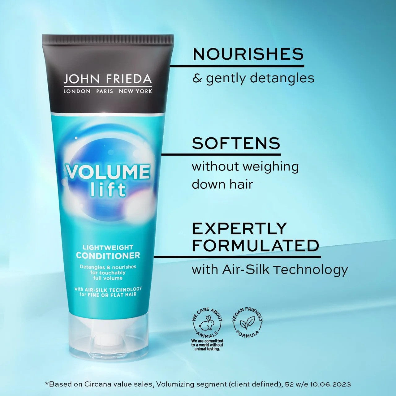 John Frieda Volume Lift lightweight conditioner bottle, 175ml, with sleek packaging and product label visible.