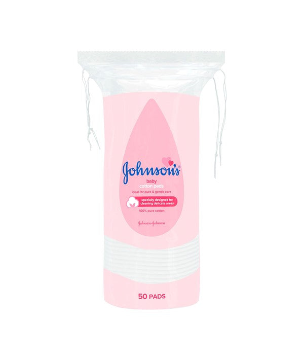 Johnson and Johnson baby cotton pads for kids skincare, showing 50 soft cotton pads in a white package.