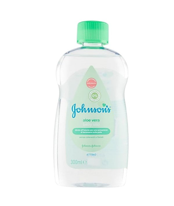Johnson &amp; Johnson Aloe Vera Baby Oil bottle showing clear liquid and label, designed for gentle kids skincare.