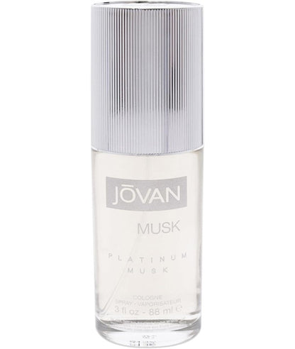 Jovan Platinum Musk for Men cologne spray in 88ml bottle, featuring sleek packaging and masculine fragrance for him