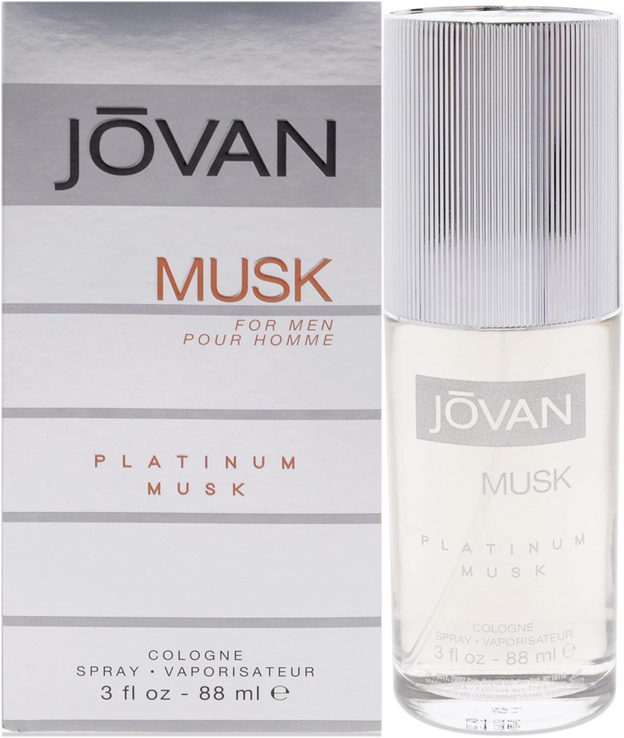 Jovan Platinum Musk for Men cologne spray in an 88ml bottle, featuring sleek packaging and a masculine fragrance design.