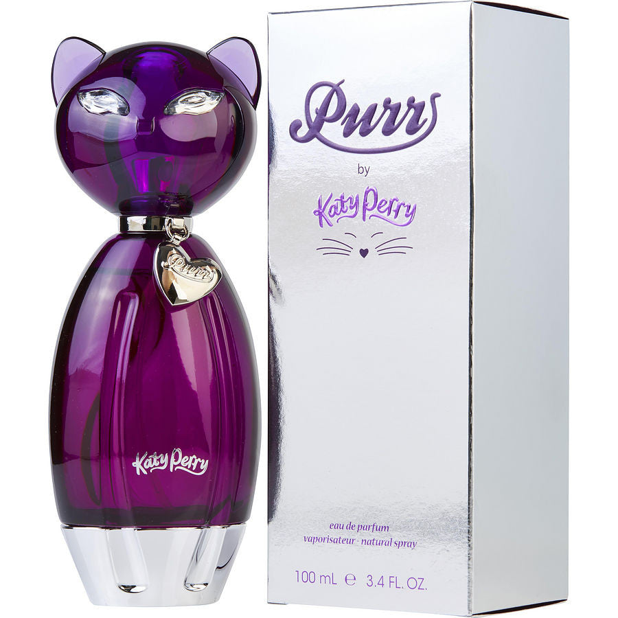 Katy Perry Purr Eau De Parfum bottle, featuring a sleek design and cat-shaped cap, 100ml for her fragrance.