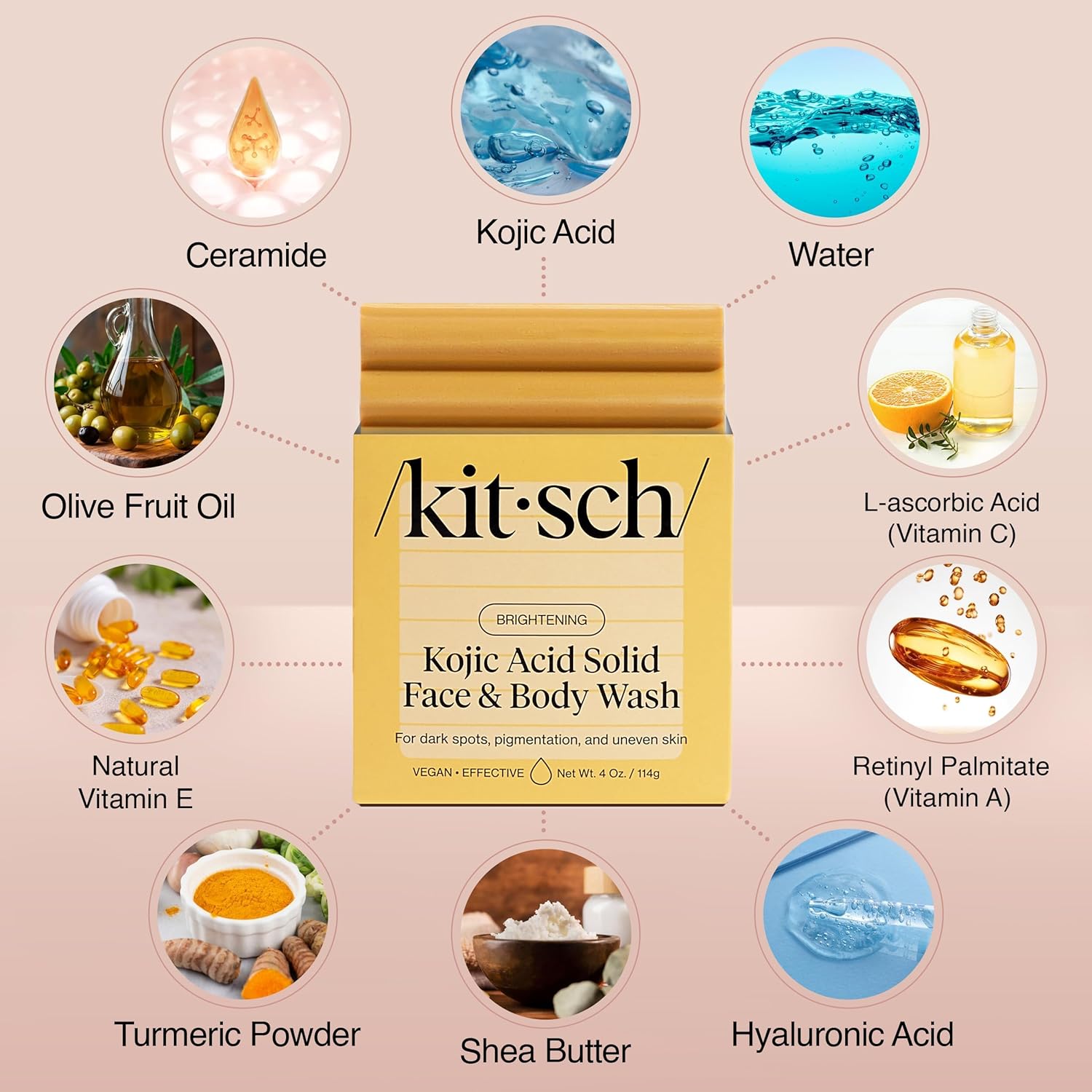 Kitsch  Brightening Kojic Acid Solid Face And Body Wash Bar
