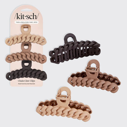 Set of three neutral-colored Kitsch chain claw hair clips, stylish hair accessories for securing hair elegantly.
