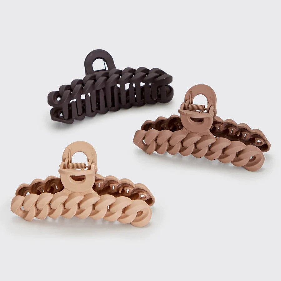 Set of three neutral Kitsch chain claw hair clips, stylish hair accessories for secure and fashionable hair styling.