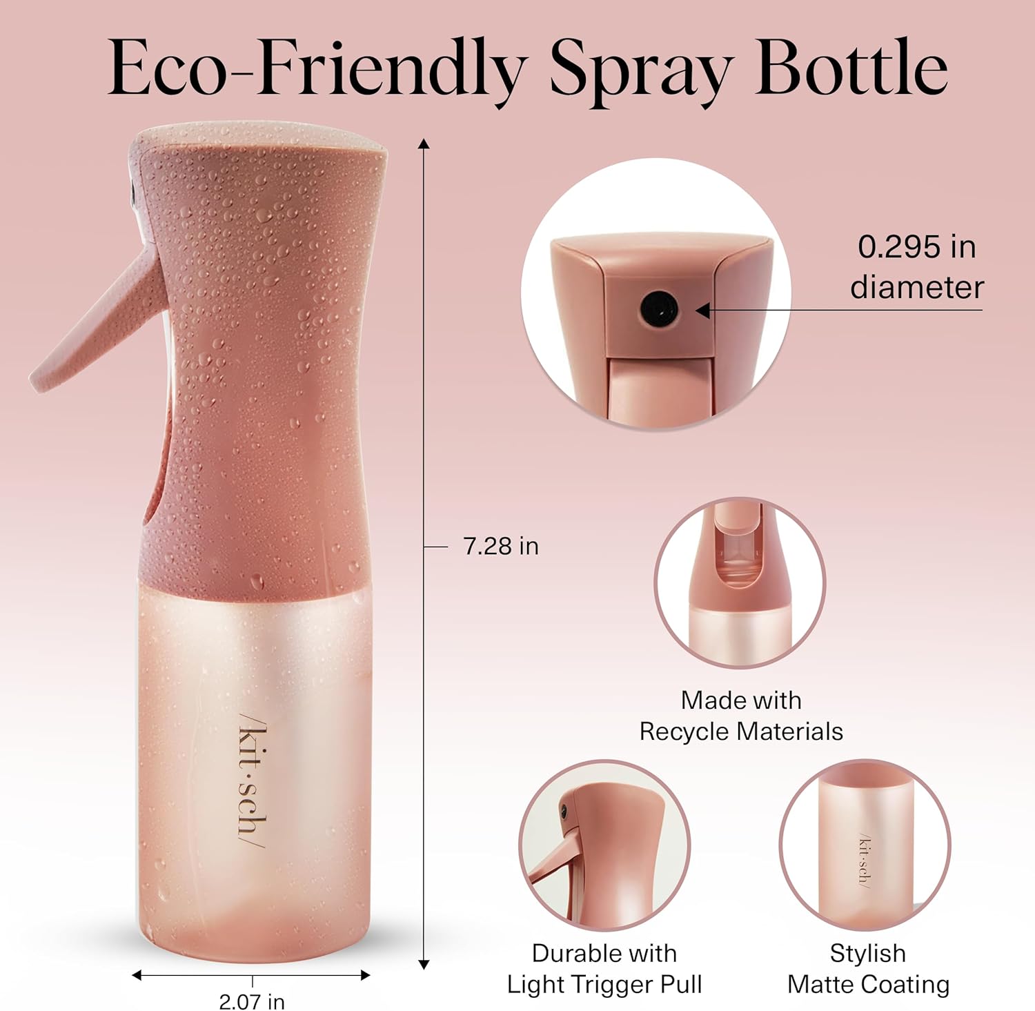 Kitsch terracotta continuous mist spray bottle for hair, 150ml, with a sleek, modern design and durable plastic construction.