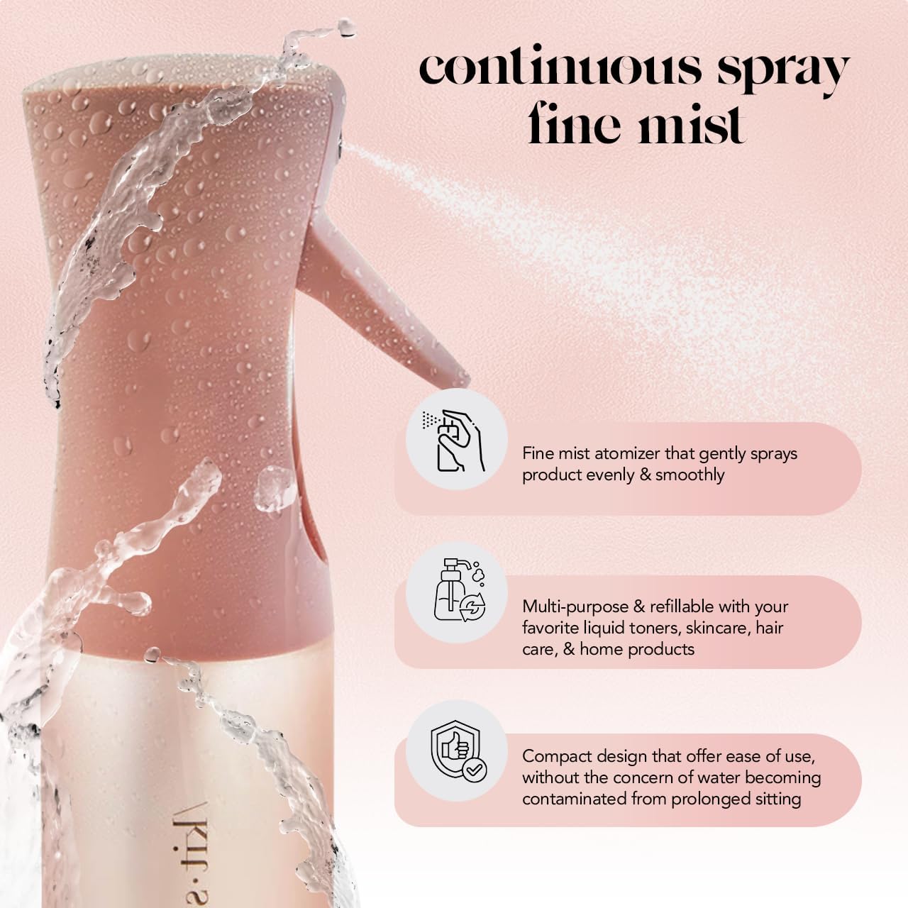 Kitsch terracotta 150ml continuous mist spray bottle for hair, featuring a sleek, modern design and ergonomic spray nozzle.