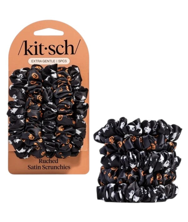 Kitsch  Extra Gentle Ruched Satin Scrunchies Ghosts And Pumpkins
