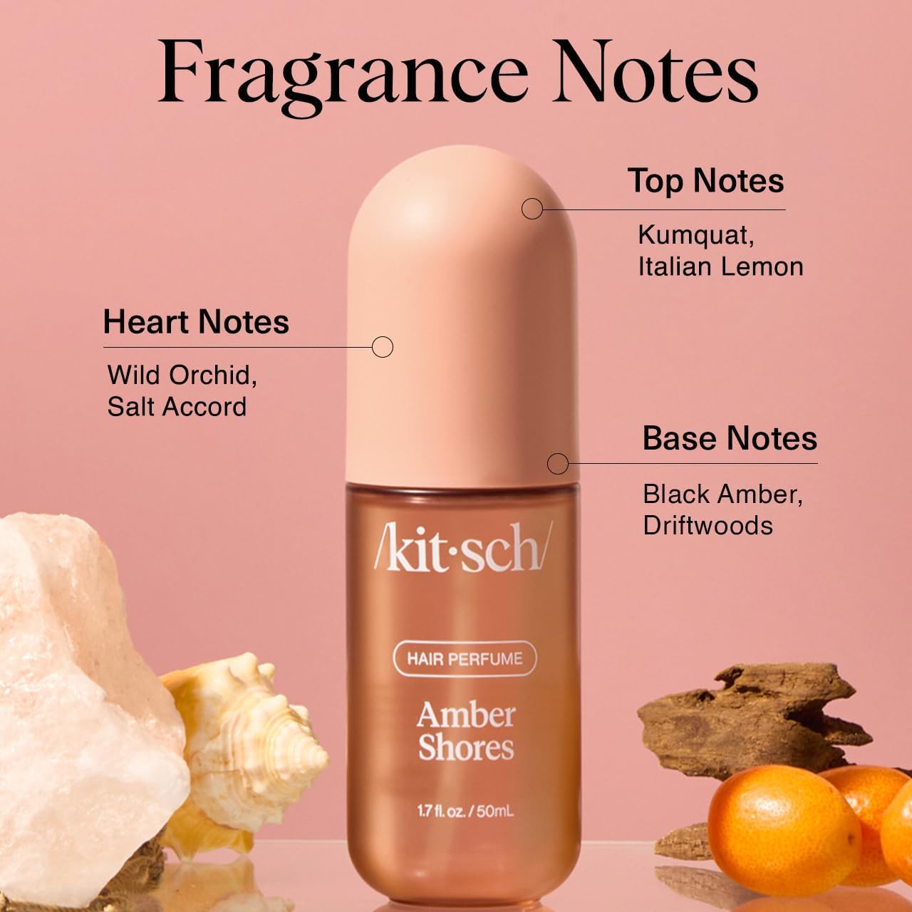 Kitsch Amber Shores Hair Perfume in a 50ml bottle, featuring floral and amber scent for hair styling and fresh fragrance.