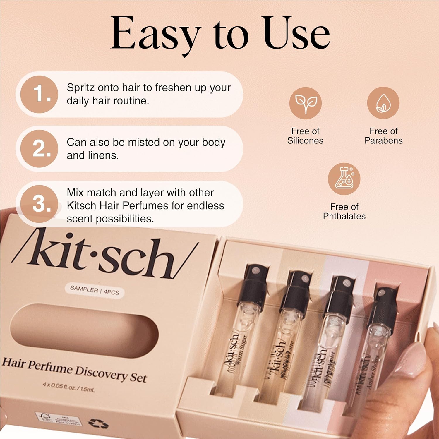 Kitsch Hair Perfume Discovery Set featuring small bottles of hair styling fragrances with floral and fresh scents.
