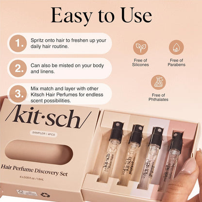 Kitsch Hair Perfume Discovery Set featuring small bottles of hair styling fragrances with floral and fresh scents.