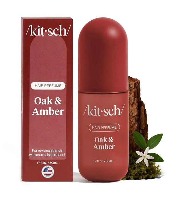Kitsch hair perfume bottle featuring oak and amber scent, 50ml, designed for hair styling with a sleek, elegant appearance.