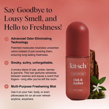 Kitsch Hair Perfume Oak and Amber 50ml, a stylish bottle of hair styling perfume with warm amber and oak scent.