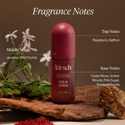 Kitsch Hair Perfume Oak and Amber, 50ml, featuring elegant packaging and a stylish spray bottle for hair styling and scent.
