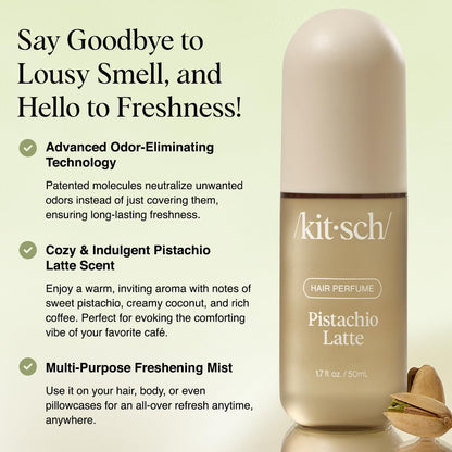 Kitsch Pistachio Latte Hair Perfume bottle, 50ml, with a sleek design, for a fresh, nutty scent and hair styling.