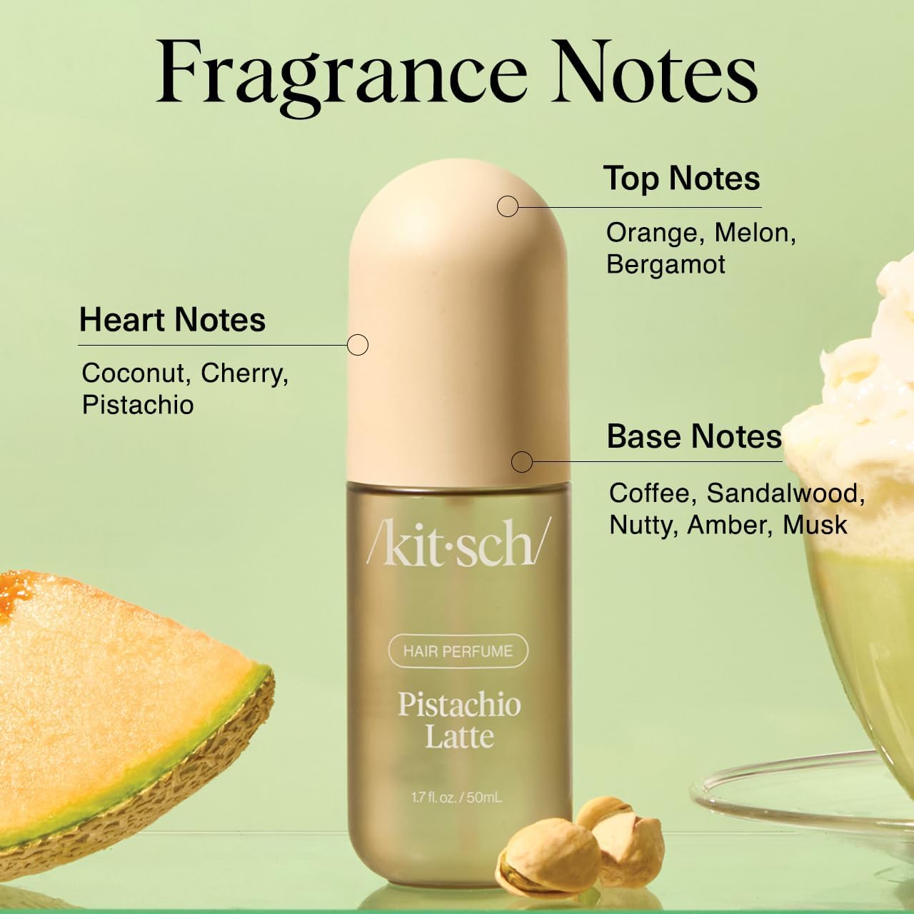 Kitsch Hair Perfume Pistachio Latte 50ml bottle, hair styling spray with pistachio latte scent, in a sleek container.