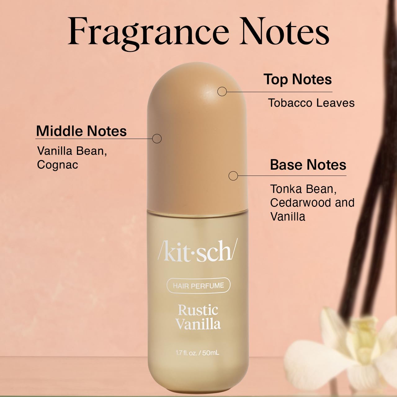 Kitsch Hair Perfume Rustic Vanilla 50ml bottle, showcasing the hair styling spray with rustic vanilla scent and elegant packaging.