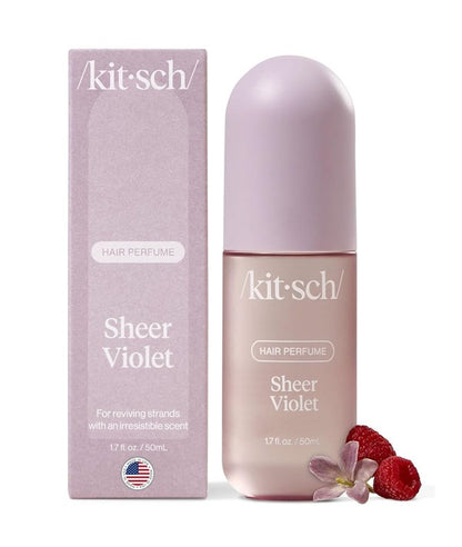 Kitsch Sheer Violet Hair Perfume bottle, 50ml, for hair styling with vibrant violet scent and elegant packaging.