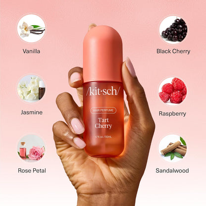 Kitsch Tart Cherry hair perfume bottle, 50ml, with elegant packaging, designed for hair styling and added fragrance.