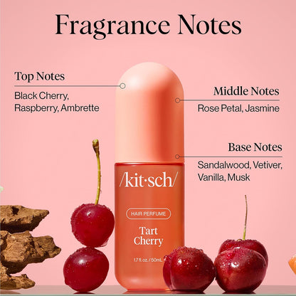 Kitsch Tart Cherry Hair Perfume in a 50ml bottle, showcasing smooth, shiny hair with a fruity cherry scent.
