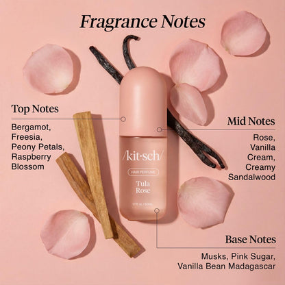 Kitsch Tula Rose Hair Perfume bottle, 50ml, for hair styling with floral rose scent, in a sleek, elegant design
