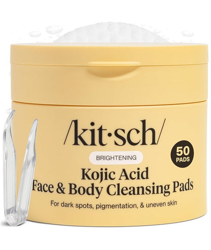 Kitsch Kojic Acid face and body cleansing pads in a white and pink package, used for skin brightening and exfoliating.