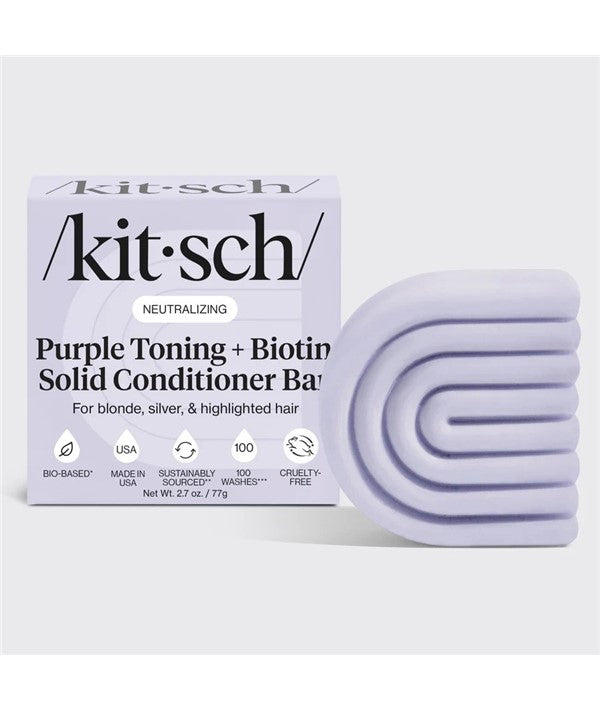 Kitsch neutralizing purple toning solid conditioner bar for blonde hair, shown in a sleek black container.