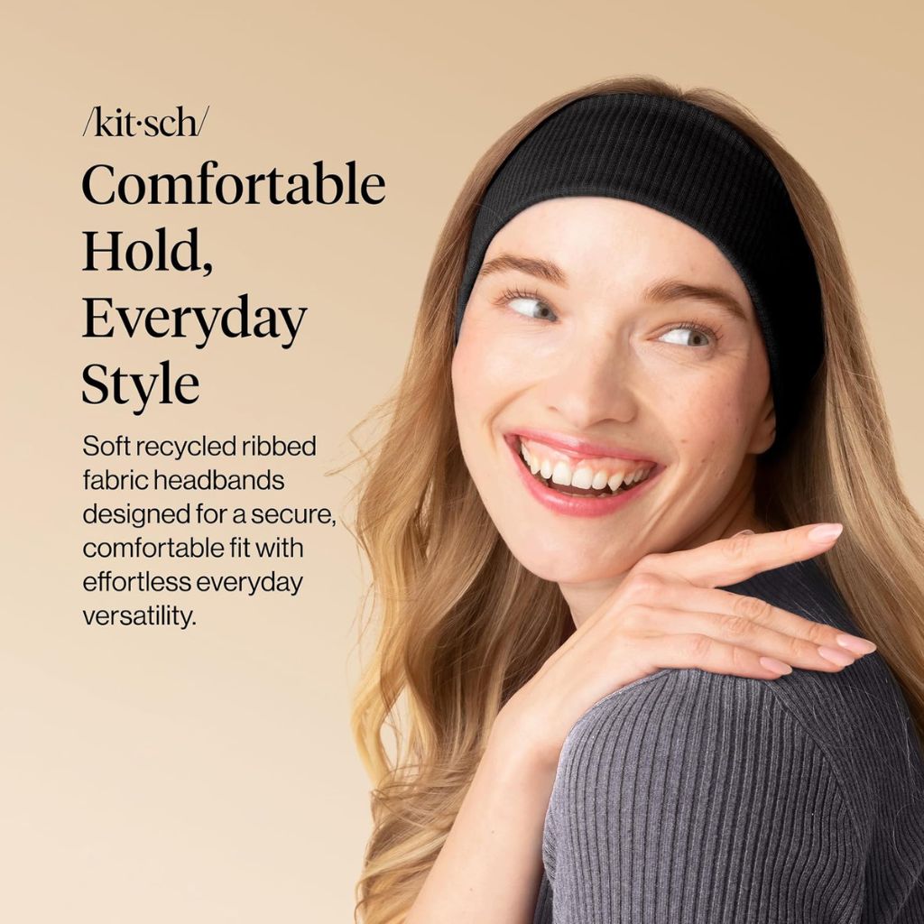 Kitsch  Non Slip Ribbed Elastic Headbands Black