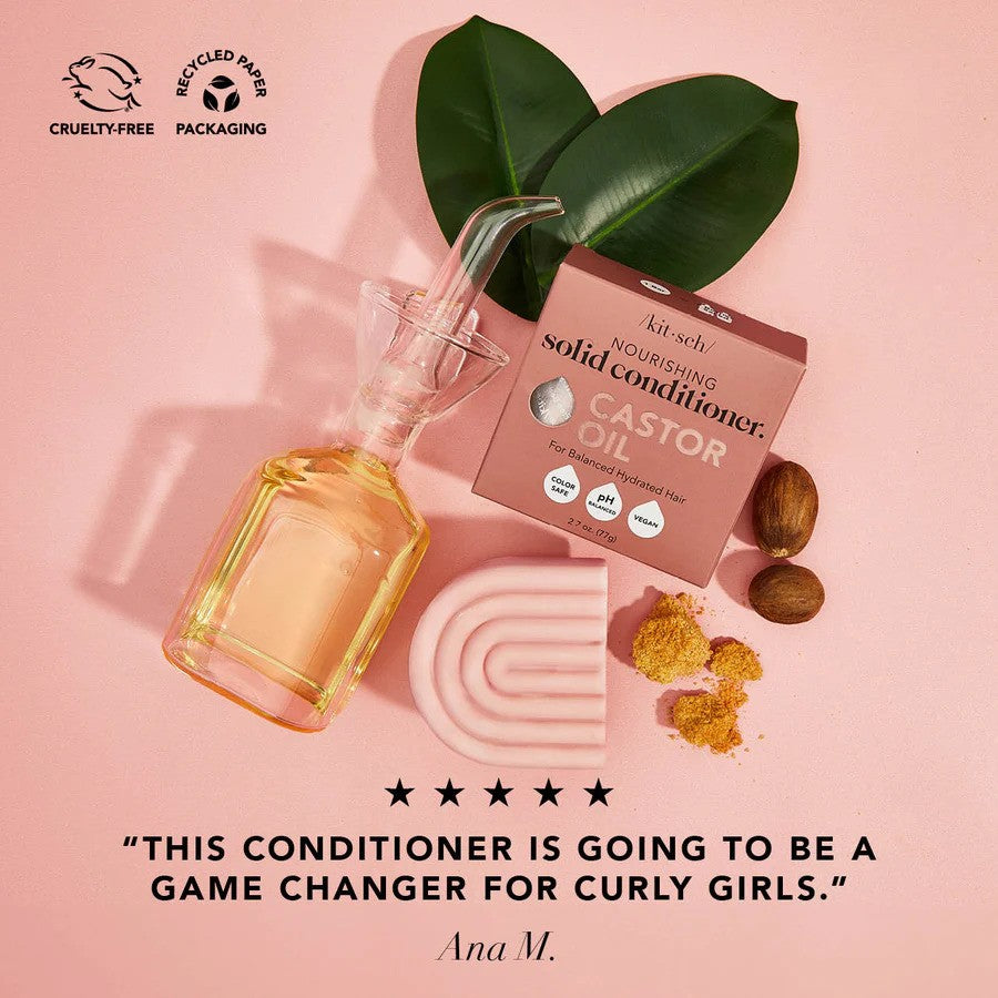 Kitsch nourishing castor oil solid conditioner bar, natural hair care product with a sleek packaging design.