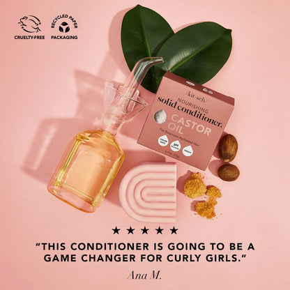 Kitsch nourishing castor oil solid conditioner bar, natural hair care product with a sleek packaging design.