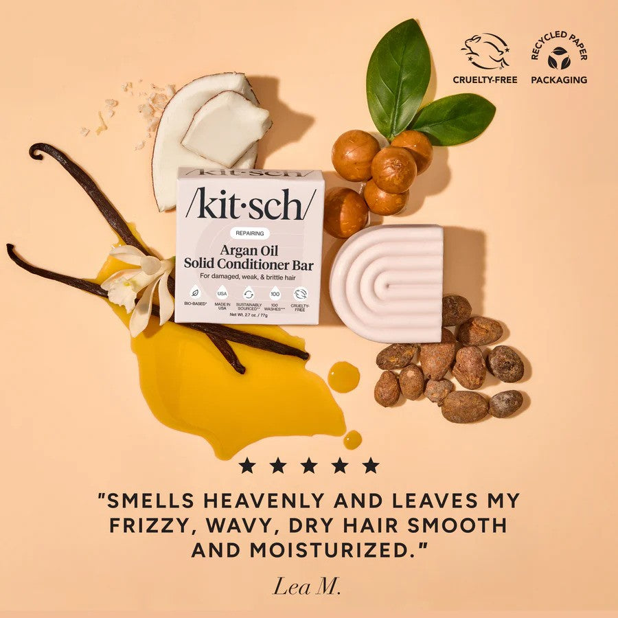 Kitsch repairing argan oil solid conditioner bar with natural ingredients, shown in a sleek, eco-friendly packaging.