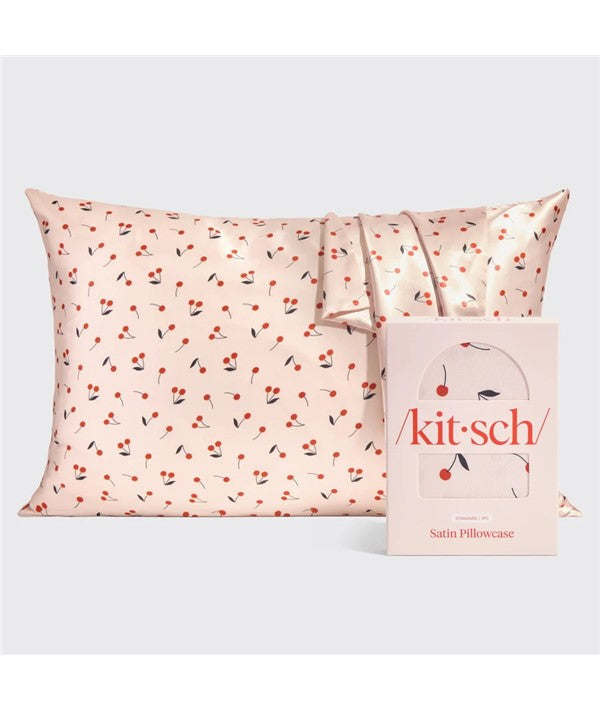 Kitsch satin pillowcase with cherry print, showcasing smooth fabric and standard size, designed for hair and sleep comfort.