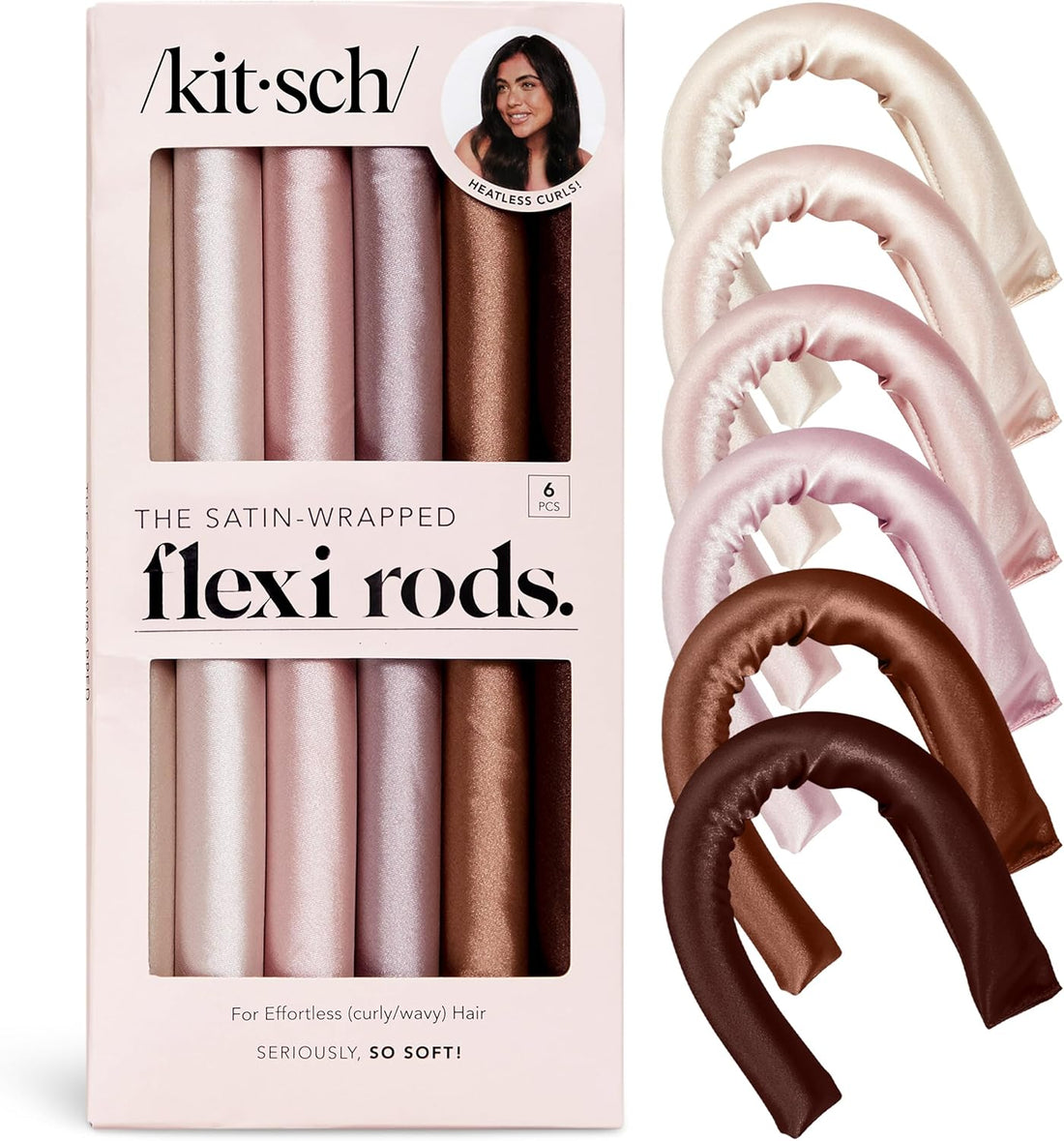 Kitsch Seriously So Soft Satin Wrapped Flexi Rods in Rosewood, set of six, for creating soft, bouncy curls in hair accessories.